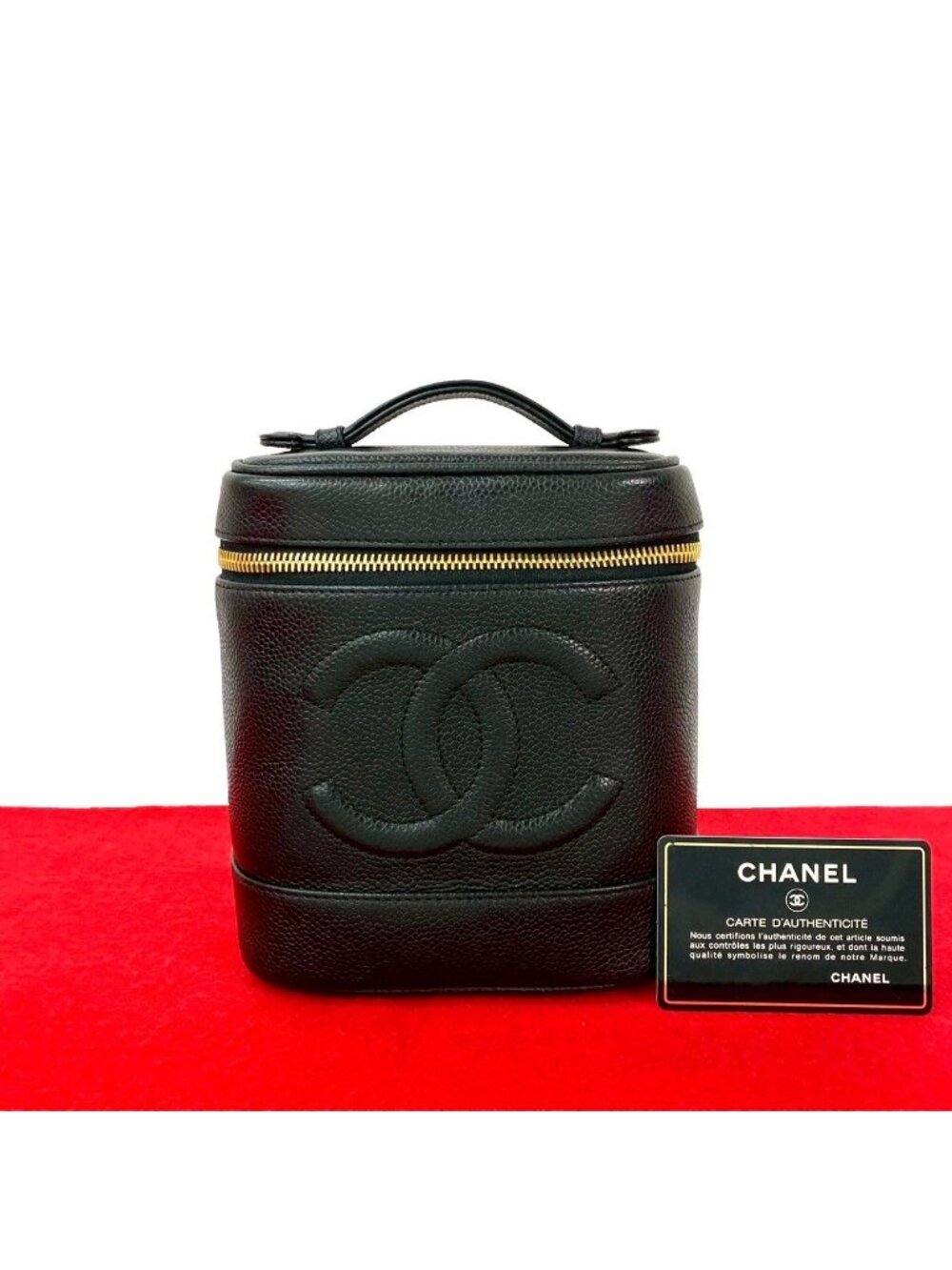 Chanel CC Logo Caviar Leather Handbag Vanity Bag Black